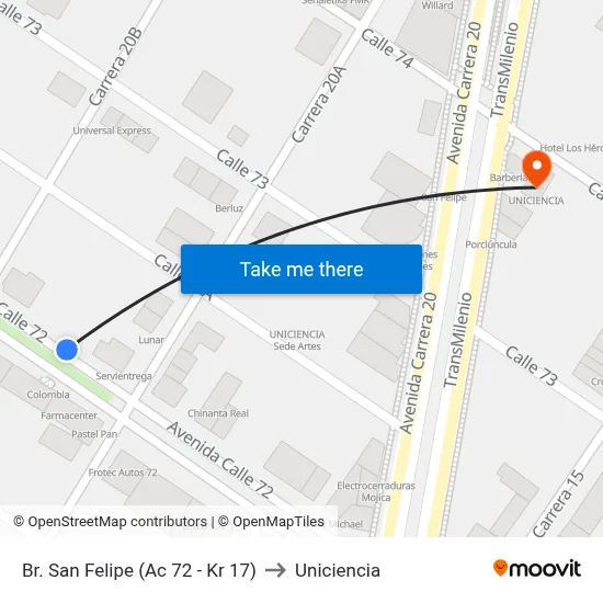Br. San Felipe (Ac 72 - Kr 17) to Uniciencia map
