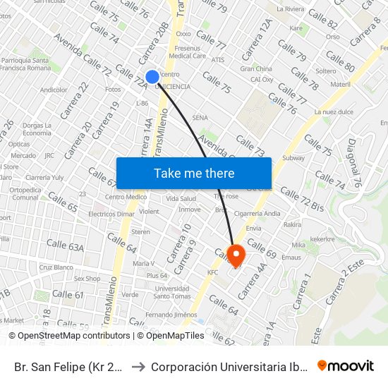 Br. San Felipe (Kr 20a - Cl 74) to Corporación Universitaria Iberoamericana map