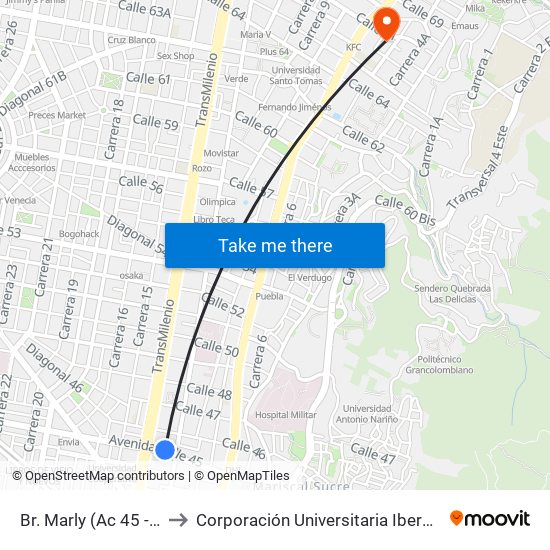 Br. Marly (Ac 45 - Kr 13) to Corporación Universitaria Iberoamericana map