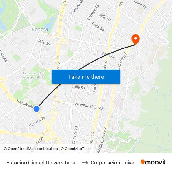 Estación Ciudad Universitaria - Lotería De Bogotá (Ac 26 - Kr 36) to Corporación Universitaria Iberoamericana map