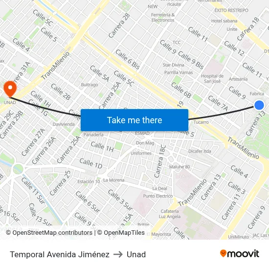 Temporal Avenida Jiménez to Unad map