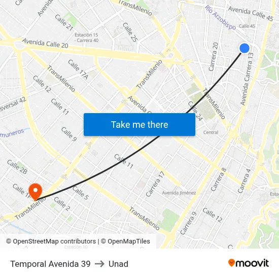Temporal Avenida 39 to Unad map