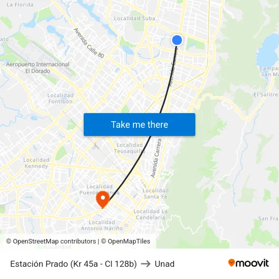 Estación Prado (Kr 45a - Cl 128b) to Unad map
