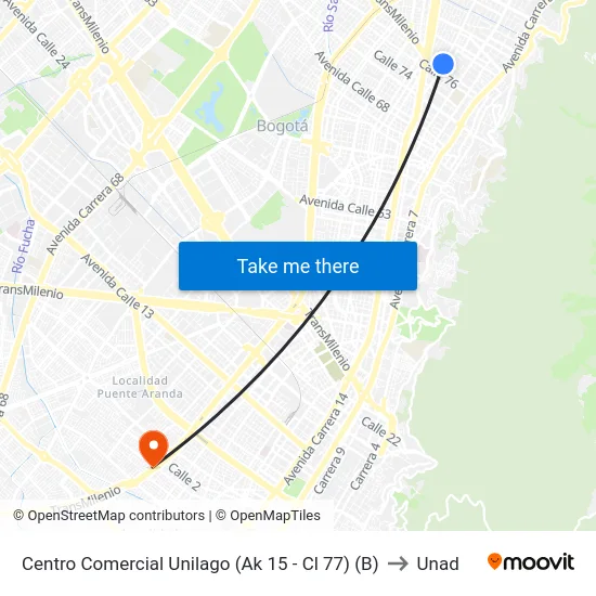 Centro Comercial Unilago (Ak 15 - Cl 77) (B) to Unad map