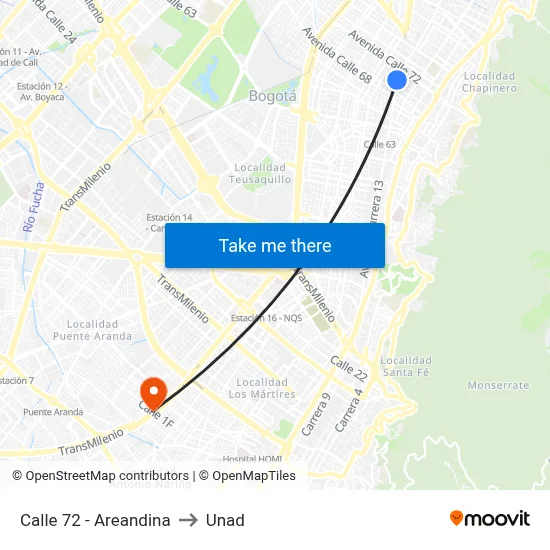 Calle 72 - Areandina to Unad map