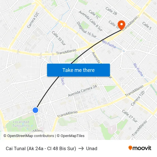 Cai Tunal (Ak 24a - Cl 48 Bis Sur) to Unad map