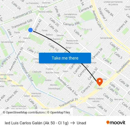 Ied Luis Carlos Galán (Ak 50 - Cl 1g) to Unad map