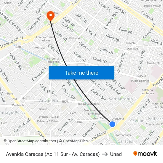 Avenida Caracas (Ac 11 Sur - Av. Caracas) to Unad map