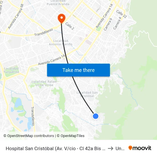 Hospital San Cristóbal (Av. V/cio - Cl 42a Bis Sur) to Unad map