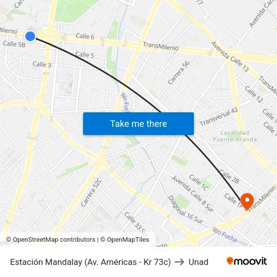 Estación Mandalay (Av. Américas - Kr 73c) to Unad map