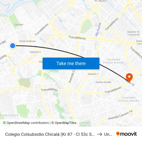 Colegio Colsubsidio Chicalá (Kr 87 - Cl 53c Sur) to Unad map