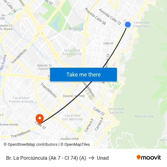 Br. La Porciúncula (Ak 7 - Cl 74) (A) to Unad map