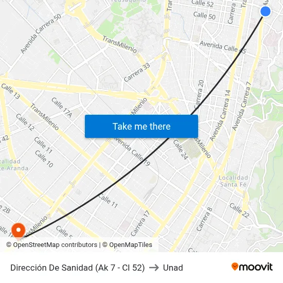 Dirección De Sanidad (Ak 7 - Cl 52) to Unad map