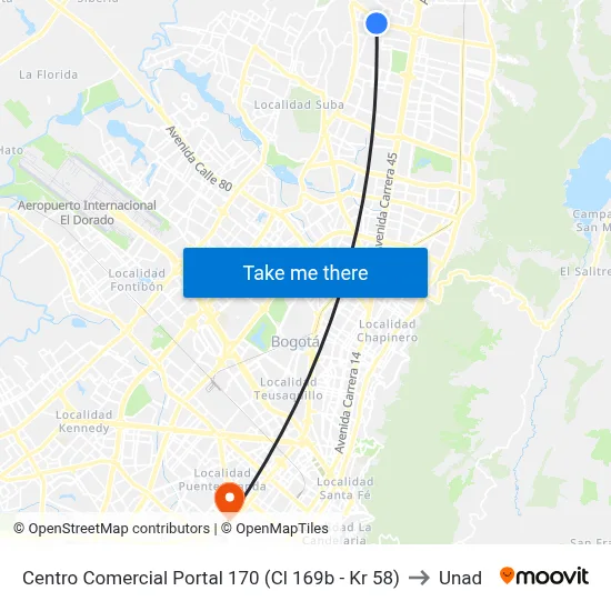 Centro Comercial Portal 170 (Cl 169b - Kr 58) to Unad map