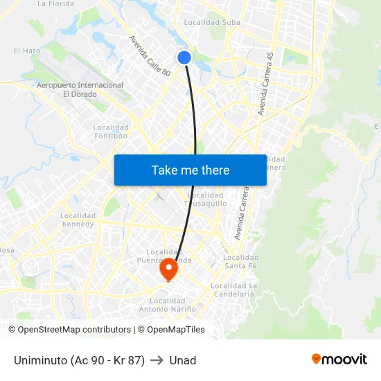 Uniminuto (Ac 90 - Kr 87) to Unad map