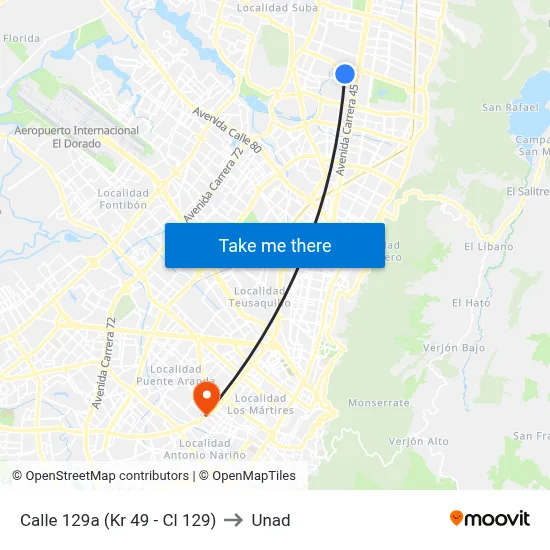 Calle 129a (Kr 49 - Cl 129) to Unad map