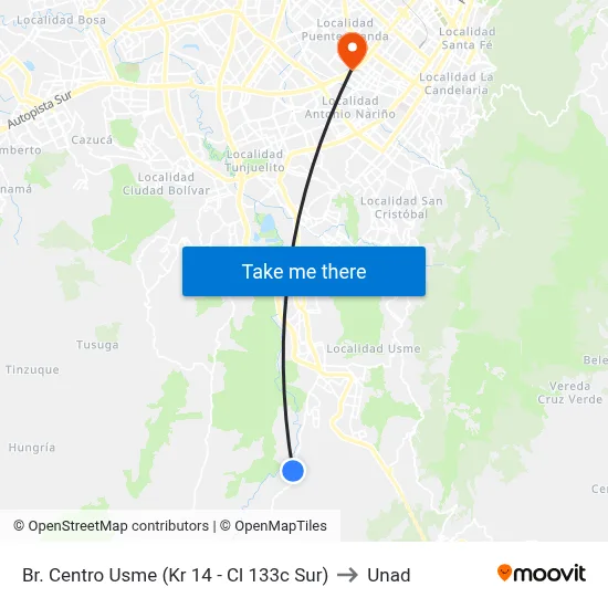 Br. Centro Usme (Kr 14 - Cl 133c Sur) to Unad map