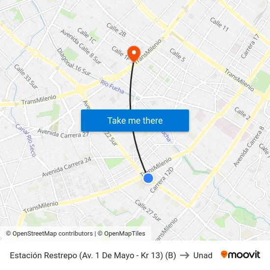 Estación Restrepo (Av. 1 De Mayo - Kr 13) (B) to Unad map