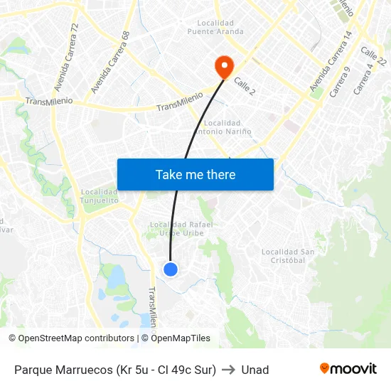 Parque Marruecos (Kr 5u - Cl 49c Sur) to Unad map
