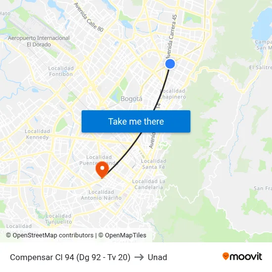 Compensar Cl 94 (Dg 92 - Tv 20) to Unad map