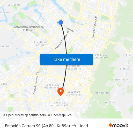 Estación Carrera 90 (Ac 80 - Kr 89a) to Unad map