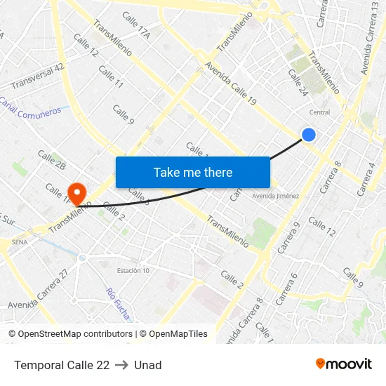 Temporal Calle 22 to Unad map