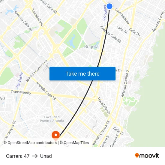 Carrera 47 to Unad map