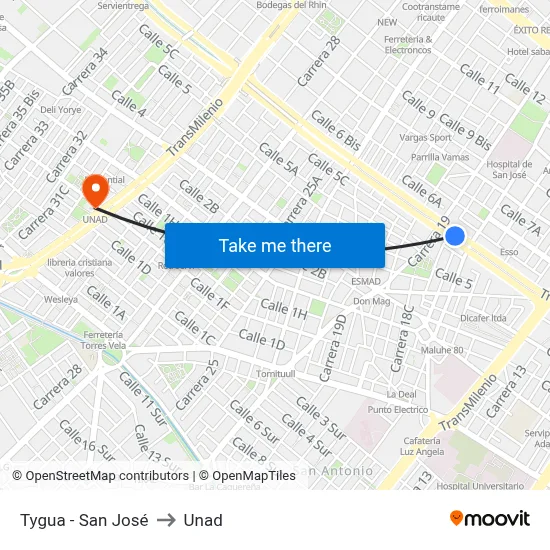 Tygua - San José to Unad map