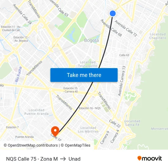 NQS Calle 75 - Zona M to Unad map