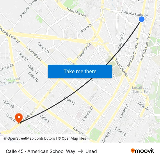 Calle 45 - American School Way to Unad map