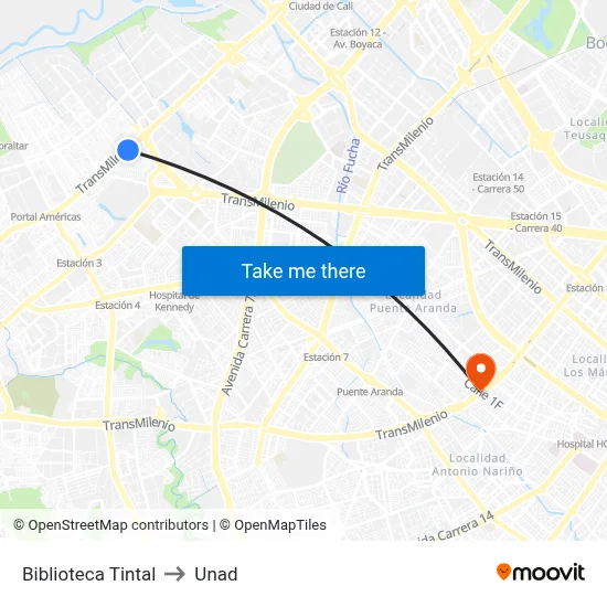Biblioteca Tintal to Unad map