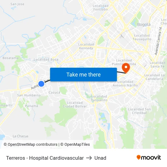Terreros - Hospital Cardiovascular to Unad map