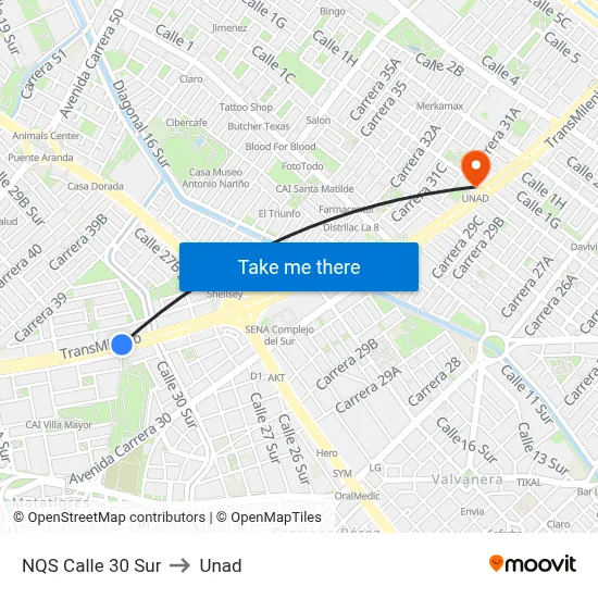 NQS Calle 30 Sur to Unad map