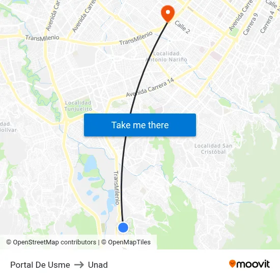 Portal De Usme to Unad map