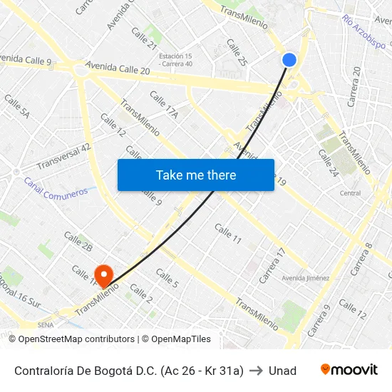 Contraloría De Bogotá D.C. (Ac 26 - Kr 31a) to Unad map