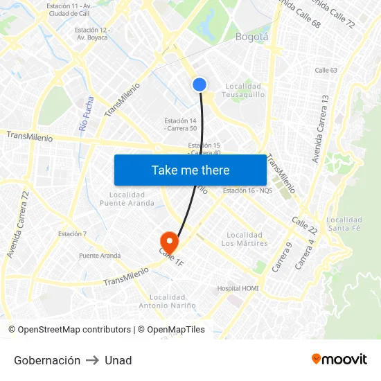 Gobernación to Unad map