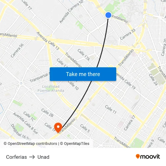 Corferias to Unad map