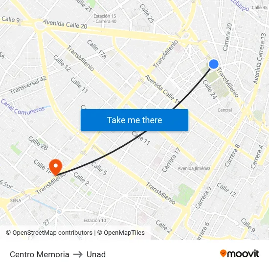 Centro Memoria to Unad map