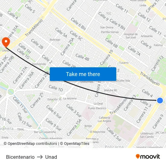 Bicentenario to Unad map