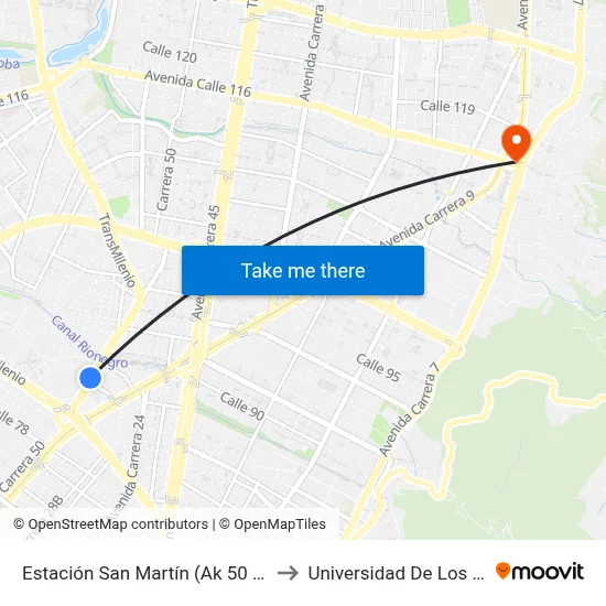 Estación San Martín (Ak 50 - Cl 86b) to Universidad De Los Andes map