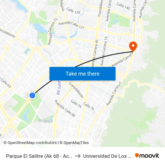 Parque El Salitre (Ak 68 - Ac 63) (A) to Universidad De Los Andes map