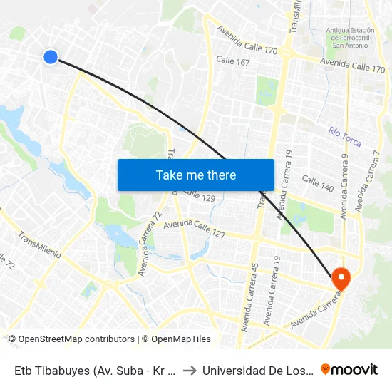 Etb Tibabuyes (Av. Suba - Kr 114c) (A) to Universidad De Los Andes map