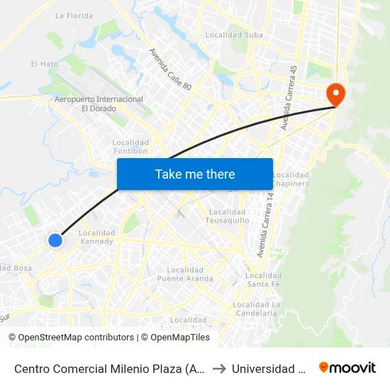 Centro Comercial Milenio Plaza (Av. C. De Cali - Cl 42f Sur) (A) to Universidad De Los Andes map