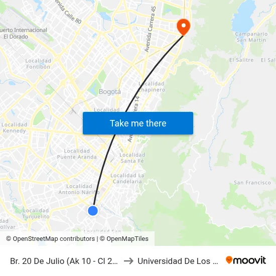 Br. 20 De Julio (Ak 10 - Cl 21a Sur) to Universidad De Los Andes map