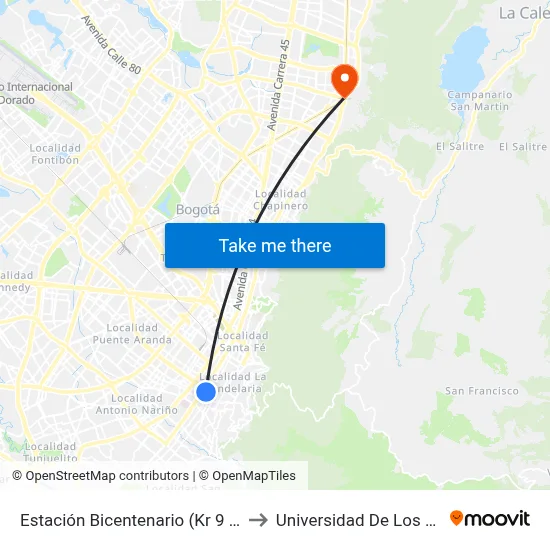 Estación Bicentenario (Kr 9 - Cl 6a) to Universidad De Los Andes map
