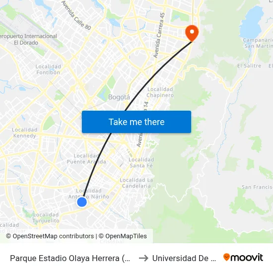 Parque Estadio Olaya Herrera (Cl 27 Sur - Kr 22a) to Universidad De Los Andes map