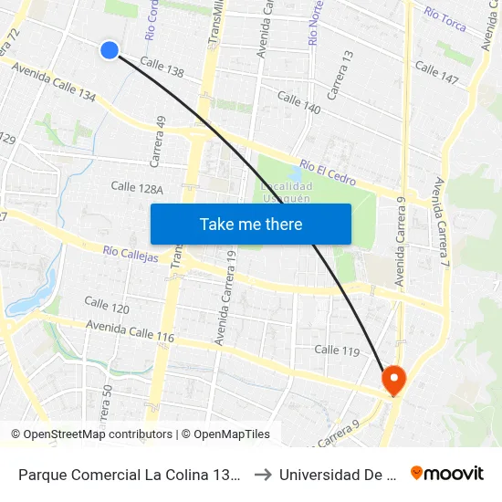 Parque Comercial La Colina 138 (Ac 138 - Kr 55) to Universidad De Los Andes map