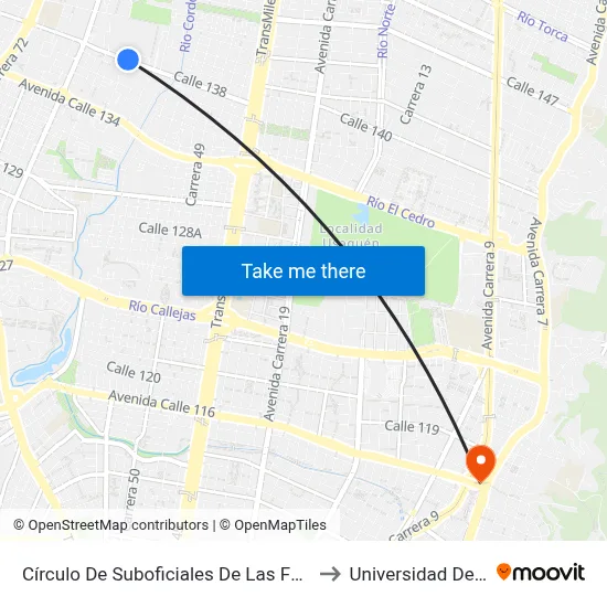 Círculo De Suboficiales De Las FF.MM. (Ac 138 - Kr 56) to Universidad De Los Andes map