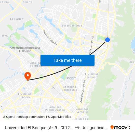 Universidad El Bosque (Ak 9 - Cl 129) to Uniagustiniana map