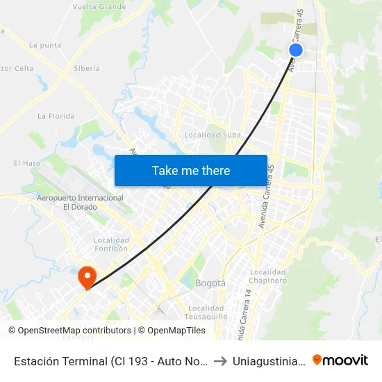 Estación Terminal (Cl 193 - Auto Norte) to Uniagustiniana map